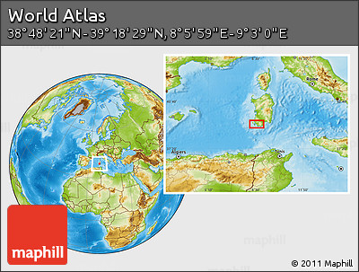 Physical Location Map of the Area around 39° 3' 25" N, 8° 34' 29" E