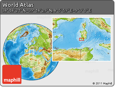 Physical Location Map of the Area around 39° 3' 25" N, 8° 34' 29" E