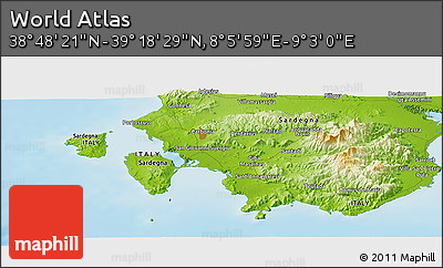 Physical Panoramic Map of the Area around 39° 3' 25" N, 8° 34' 29" E