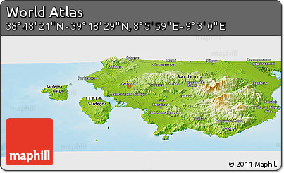 Physical Panoramic Map of the Area around 39° 3' 25" N, 8° 34' 29" E