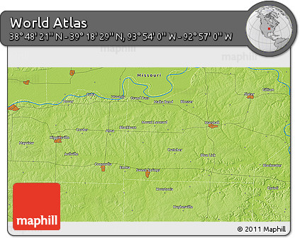 Physical 3D Map of the Area around 39° 3' 25" N, 93° 25' 30" W