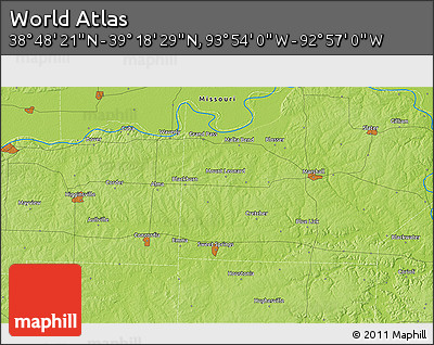 Physical 3D Map of the Area around 39° 3' 25" N, 93° 25' 30" W