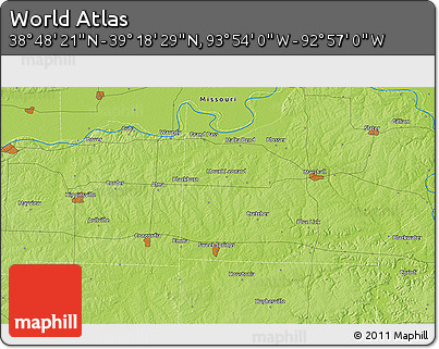 Physical 3D Map of the Area around 39° 3' 25" N, 93° 25' 30" W