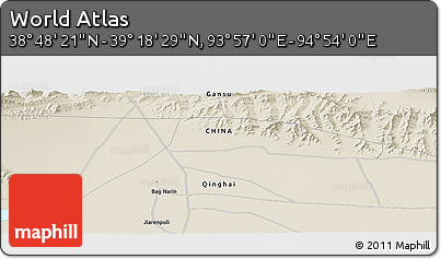 Shaded Relief Panoramic Map of the Area around 39° 3' 25" N, 94° 25' 30" E