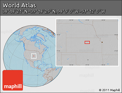 Gray Location Map of the Area around 39° 3' 25" N, 97° 40' 30" W, hill shading