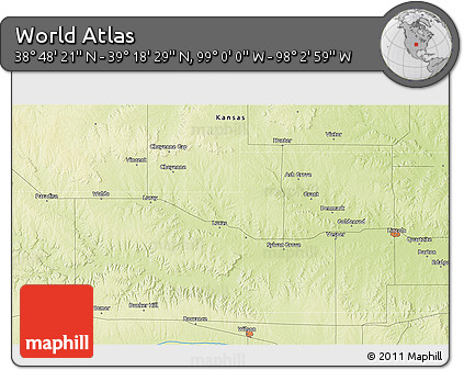 Physical 3D Map of the Area around 39° 3' 25" N, 98° 31' 30" W