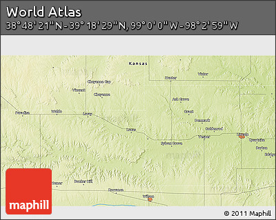 Physical 3D Map of the Area around 39° 3' 25" N, 98° 31' 30" W
