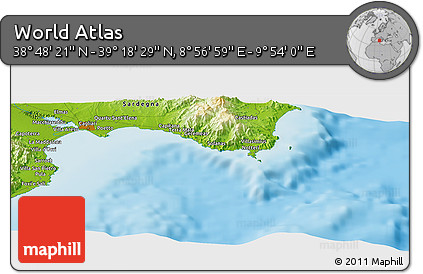 Physical Panoramic Map of the Area around 39° 3' 25" N, 9° 25' 30" E