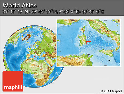 Physical Location Map of the Area around 39° 30' 19" N, 10° 16' 30" E