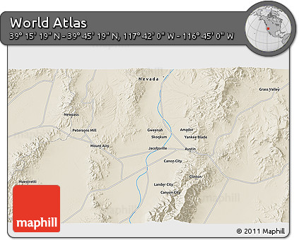 Shaded Relief 3D Map of the Area around 39° 30' 19" N, 117° 13' 29" W