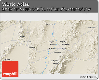 Shaded Relief 3D Map of the Area around 39° 30' 19" N, 117° 13' 29" W