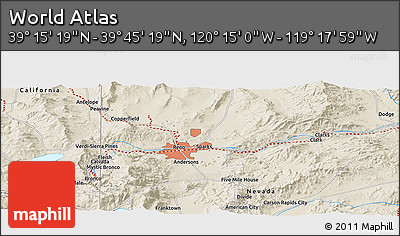 Shaded Relief Panoramic Map of the Area around 39° 30' 19" N, 119° 46' 30" W