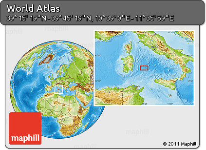 Physical Location Map of the Area around 39° 30' 19" N, 11° 7' 30" E