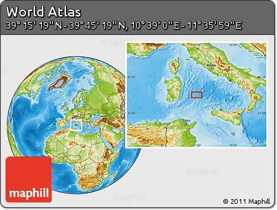 Physical Location Map of the Area around 39° 30' 19" N, 11° 7' 30" E