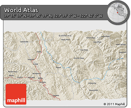 Shaded Relief 3D Map of the Area around 39° 30' 19" N, 123° 10' 30" W