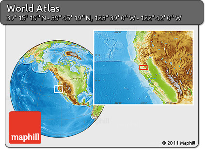 Physical Location Map of the Area around 39° 30' 19" N, 123° 10' 30" W