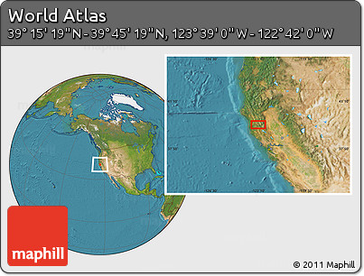 Satellite Location Map of the Area around 39° 30' 19" N, 123° 10' 30" W