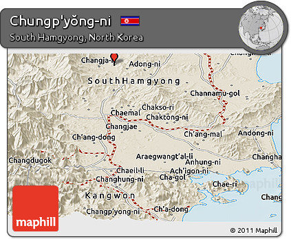 Shaded Relief Panoramic Map of Chungp'yŏng-ni