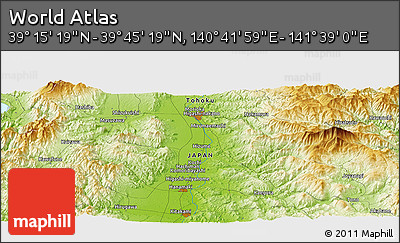 Physical Panoramic Map of the Area around 39° 30' 19" N, 141° 10' 30" E