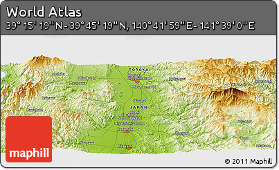 Physical Panoramic Map of the Area around 39° 30' 19" N, 141° 10' 30" E