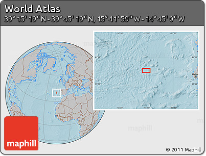 Gray Location Map of the Area around 39° 30' 19" N, 15° 13' 29" W, hill shading