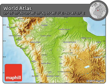 Physical Map of the Area around 39° 30' 19" N, 16° 13' 30" E