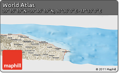 Shaded Relief Panoramic Map of the Area around 39° 30' 19" N, 17° 4' 30" E