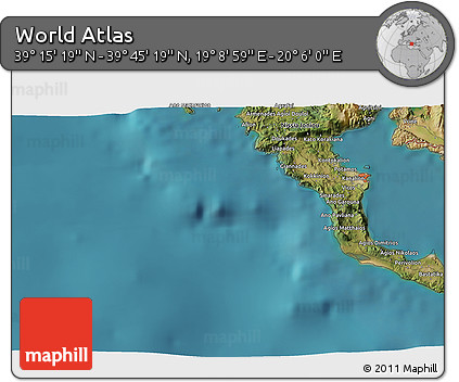Satellite 3D Map of the Area around 39° 30' 19" N, 19° 37' 30" E