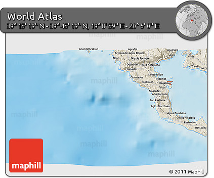 Shaded Relief 3D Map of the Area around 39° 30' 19" N, 19° 37' 30" E