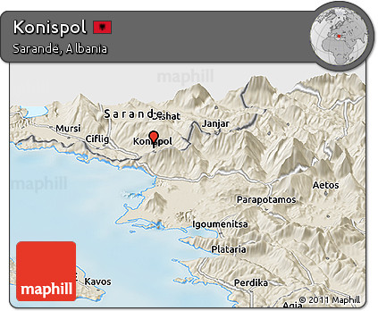Shaded Relief Panoramic Map of Konispol