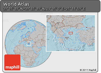 Gray Location Map of the Area around 39° 30' 19" N, 24° 43' 30" E, hill shading