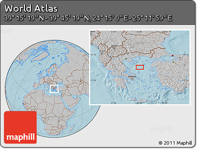 Gray Location Map of the Area around 39° 30' 19" N, 24° 43' 30" E, hill shading