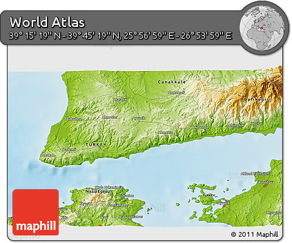 Physical 3D Map of the Area around 39° 30' 19" N, 26° 25' 29" E