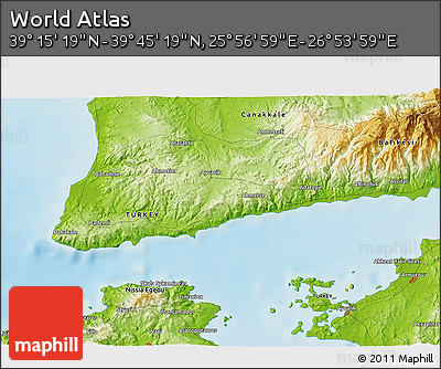 Physical 3D Map of the Area around 39° 30' 19" N, 26° 25' 29" E