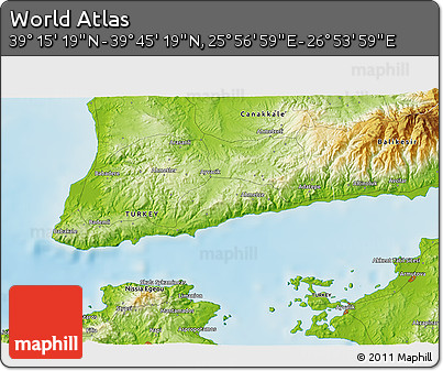 Physical 3D Map of the Area around 39° 30' 19" N, 26° 25' 29" E