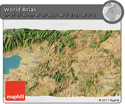 Satellite 3D Map of the Area around 39° 30' 19" N, 27° 16' 29" E