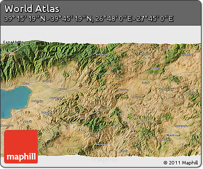 Satellite 3D Map of the Area around 39° 30' 19" N, 27° 16' 29" E