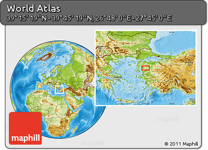 Physical Location Map of the Area around 39° 30' 19" N, 27° 16' 29" E