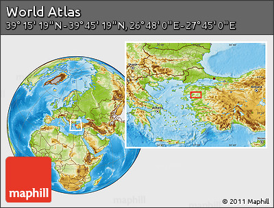 Physical Location Map of the Area around 39° 30' 19" N, 27° 16' 29" E
