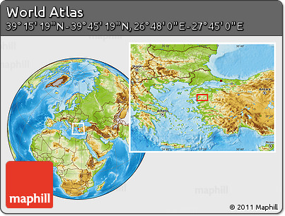 Physical Location Map of the Area around 39° 30' 19" N, 27° 16' 29" E