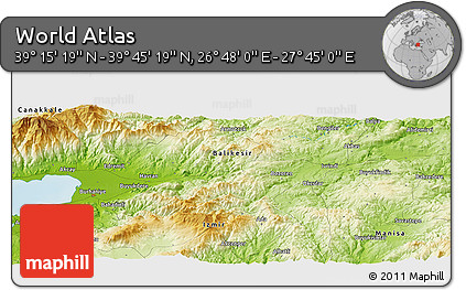 Physical Panoramic Map of the Area around 39° 30' 19" N, 27° 16' 29" E