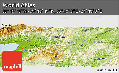 Physical Panoramic Map of the Area around 39° 30' 19" N, 27° 16' 29" E