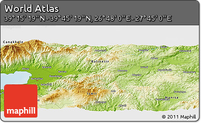 Physical Panoramic Map of the Area around 39° 30' 19" N, 27° 16' 29" E
