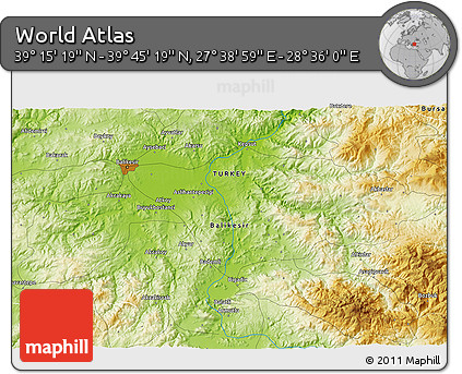 Physical 3D Map of the Area around 39° 30' 19" N, 28° 7' 30" E