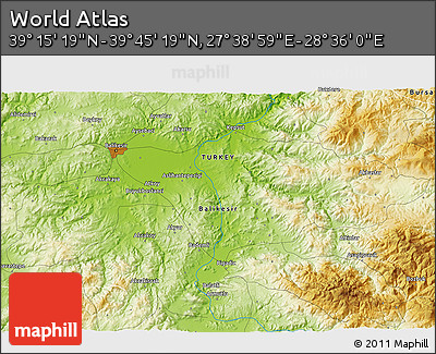 Physical 3D Map of the Area around 39° 30' 19" N, 28° 7' 30" E