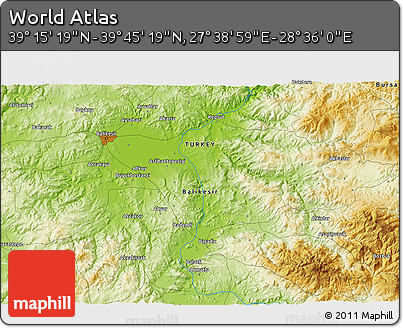 Physical 3D Map of the Area around 39° 30' 19" N, 28° 7' 30" E