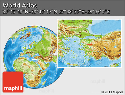 Physical Location Map of the Area around 39° 30' 19" N, 28° 7' 30" E