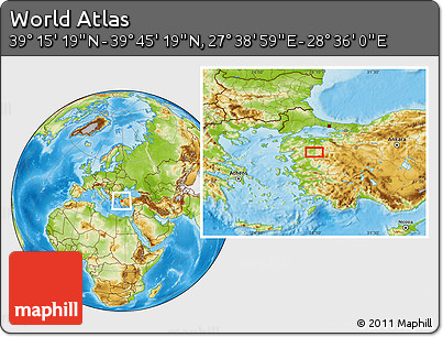 Physical Location Map of the Area around 39° 30' 19" N, 28° 7' 30" E