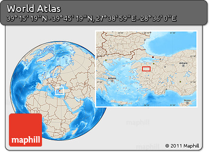 Shaded Relief Location Map of the Area around 39° 30' 19" N, 28° 7' 30" E