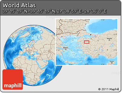 Shaded Relief Location Map of the Area around 39° 30' 19" N, 28° 7' 30" E
